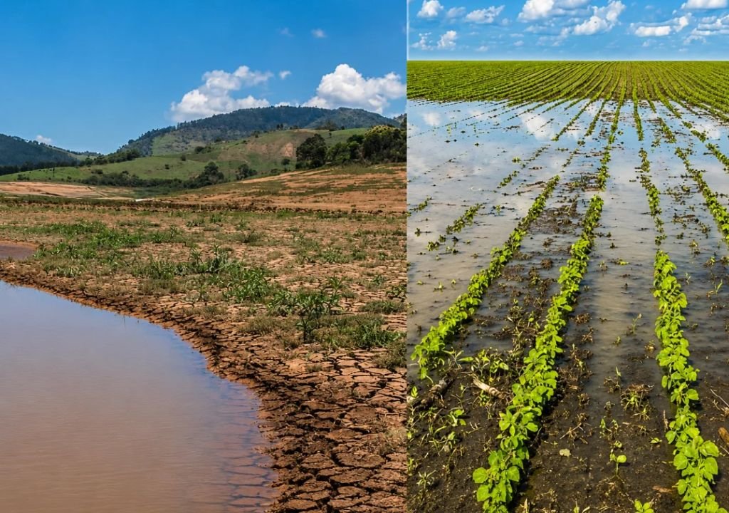 Imagem ilustrativa representa os impactos do El Niño sobre a agricultura, o clima e o preço dos alimentos no Brasil.